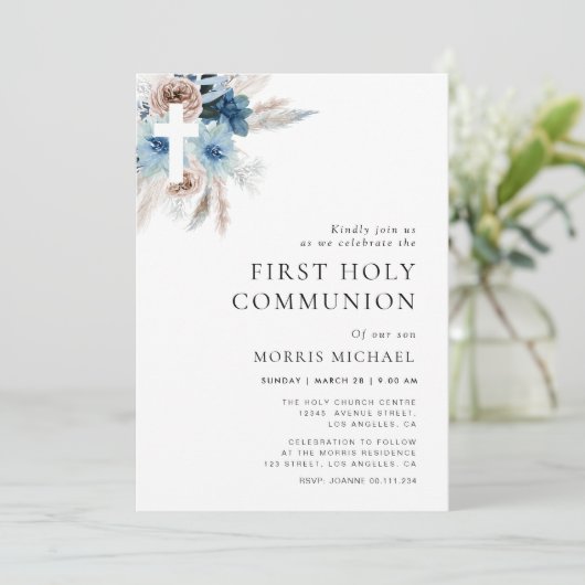 pampas dusty blue first commune kaart (Staand voorkant)