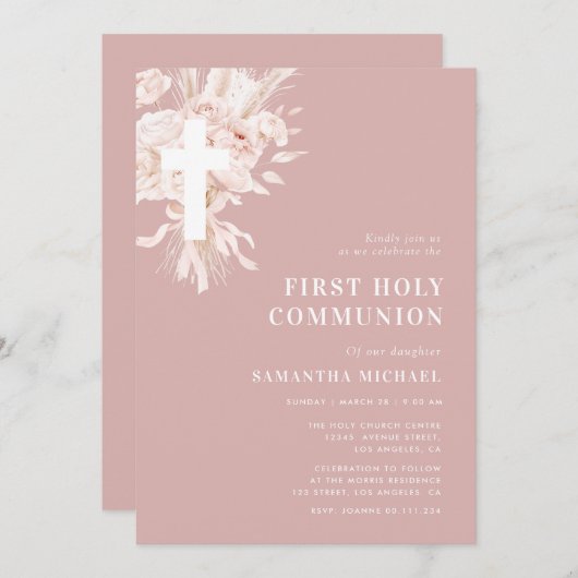 Pampas Dusty roos Eerste Communie Kaart (Voorkant / Achterkant)