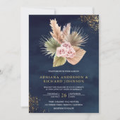 Pampas dusty roze Roses Navy Blue QR Code Weddensc Kaart (Voorkant)