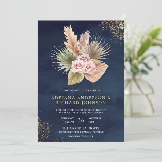 Pampas dusty roze Roses Navy Blue QR Code Weddensc Kaart (Staand voorkant)