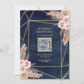 Pampas dusty roze Roses Navy Blue QR Code Weddensc Kaart (Achterkant)