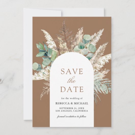 Pampas Eucalyptus Arch Beige Tan Wedding Save The Date (Voorkant)