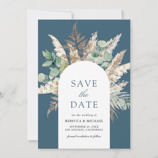 Pampas Eucalyptus Arch Dusty Blue Wedding Save The Date (Voorkant)