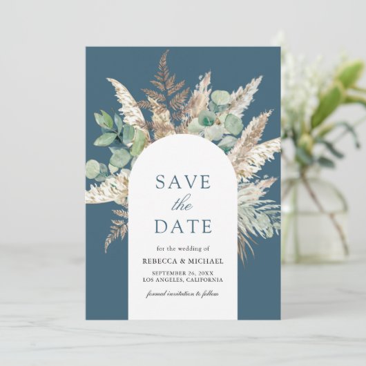 Pampas Eucalyptus Arch Dusty Blue Wedding Save The Date (Staand voorkant)