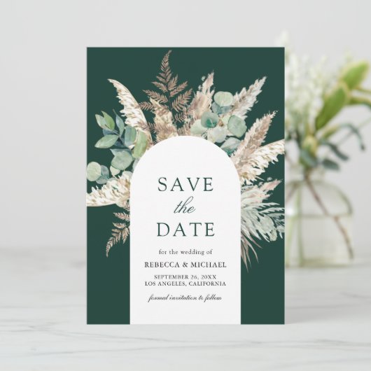 Pampas Eucalyptus Arch Emerald Green Wedding Save The Date (Staand voorkant)