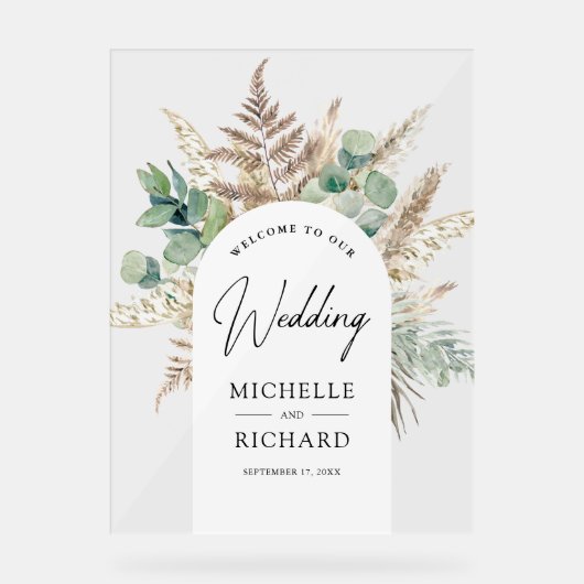 Pampas Eucalyptus Arch Wedding Welcome Acryl Bord (Voorkant)