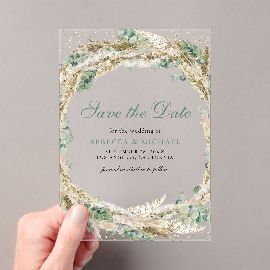 Pampas Eucalyptus Krans Trouwen Save the Date Acryl Uitnodigingen (Insitu (Draagbaar))