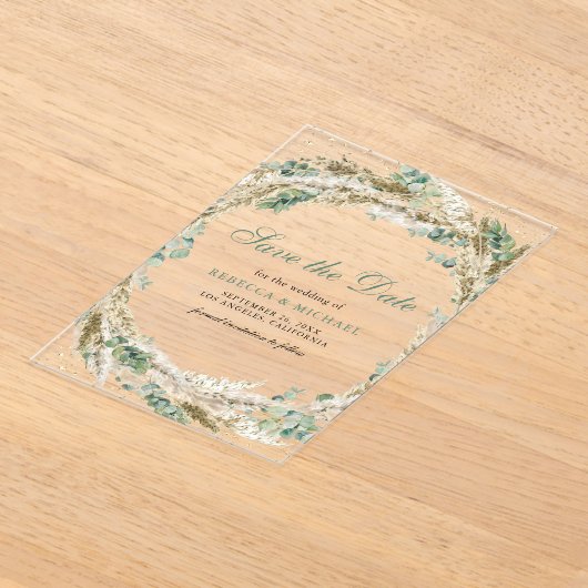 Pampas Eucalyptus Krans Trouwen Save the Date Acryl Uitnodigingen (Laagn)
