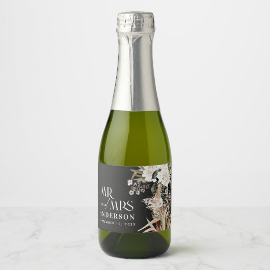 Pampas eucalyptus moderne zwarte partij sparkling wijnetiket (Voorkant)