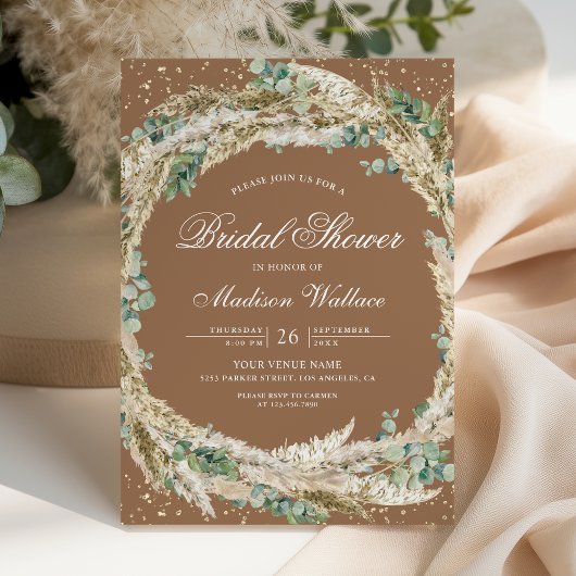 Pampas Eucalyptus Wreath Beige Tan Bridal Shower Kaart