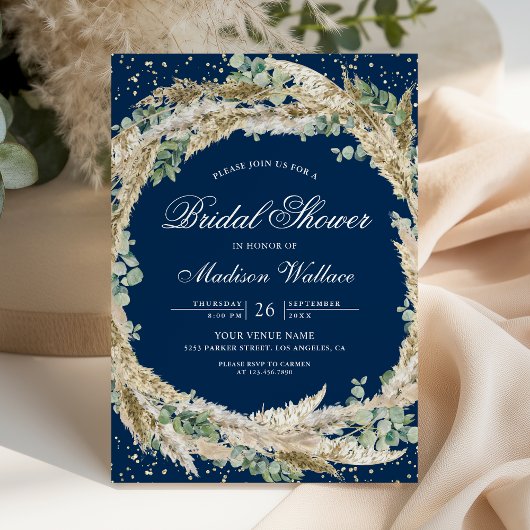 Pampas Eucalyptus Wreath Navy Blue Bridal Shower Kaart