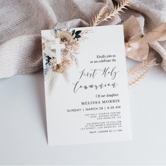 pampas floral cross first holy communie kaart