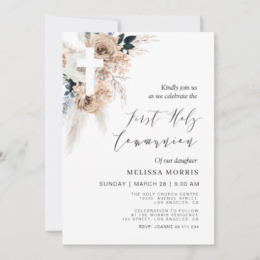 pampas floral cross first holy communie kaart (Voorkant)