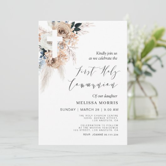 pampas floral cross first holy communie kaart (Staand voorkant)