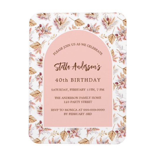 Pampas flower roos gouden luxe verjaardagsuitnodig magneet (Verticaal)