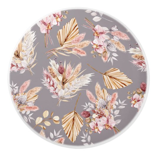 Pampas gras beige roze grijs bloemenpatroon keramische knop (Voorkant)