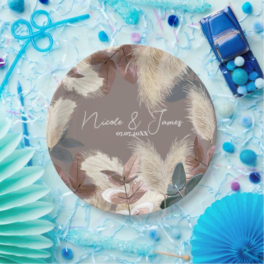 Pampas gras & bladeren aardachtige Bohemian bruilo Papieren Bordje (Feest)