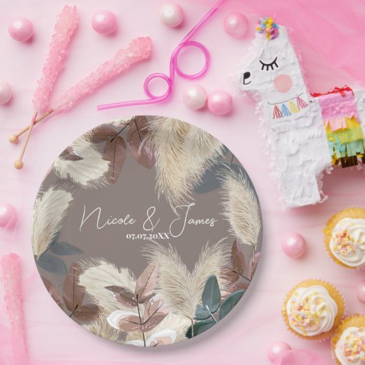 Pampas gras & bladeren aardachtige Bohemian bruilo Papieren Bordje (Feest)