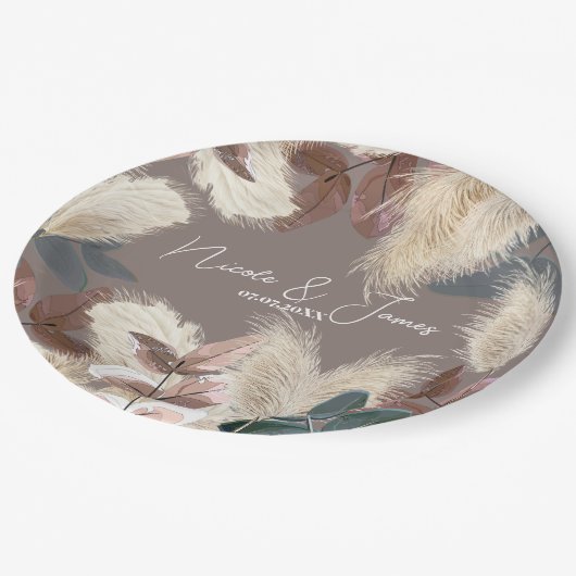 Pampas gras & bladeren aardachtige Bohemian bruilo Papieren Bordje (Gekanteld)