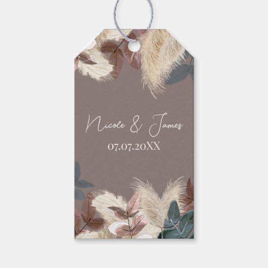 Pampas Gras & Bladeren Aardse Boheemse Bruiloft Cadeaulabel (Voorkant)
