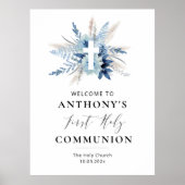 Pampas gras blauw bloemeneerste communie teken poster (Voorkant)