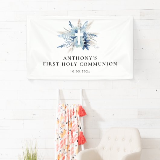 Pampas gras blauw bloemeneerste communie teken spandoek (Insitu)