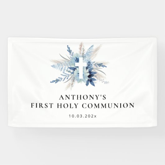 Pampas gras blauw bloemeneerste communie teken spandoek (Horizontaal)