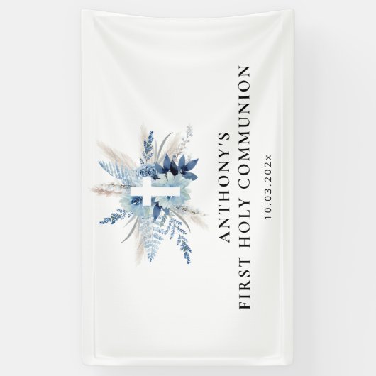 Pampas gras blauw bloemeneerste communie teken spandoek (Verticaal)