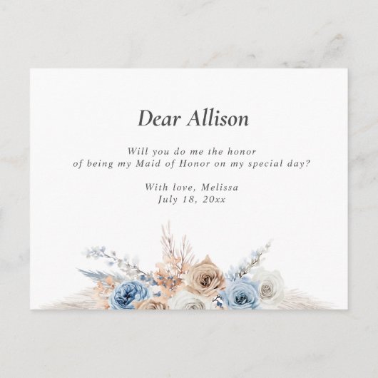 pampas gras blauw zal je mijn Maid of Honor Uitnodiging Briefkaart (Achterkant)