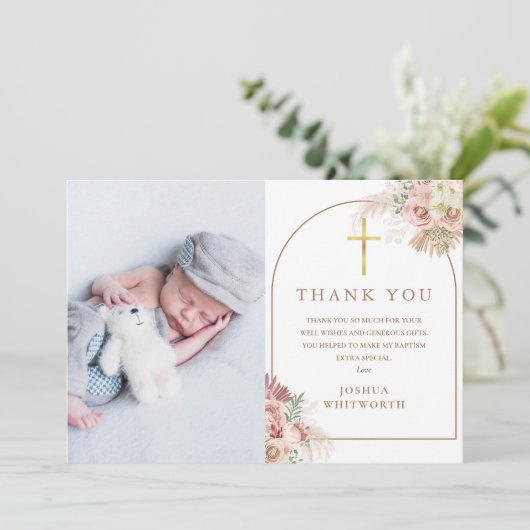 Pampas Gras Bloem Foto Collage Doop Bedankkaart (Staand voorkant)