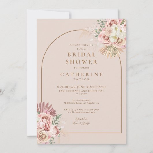 Pampas Gras Bloemboog Bruidsbad Uitnodiging (Voorkant)