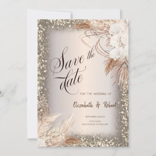 Pampas Gras Bloemen Glitter Frame Bewaar de Datum Save The Date (Voorkant)