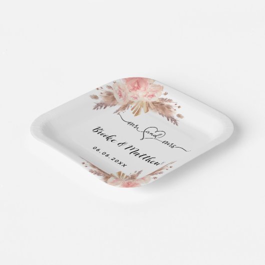 Pampas gras bloemen meneer hart boho bruiloft papieren bordje (Gebogen)