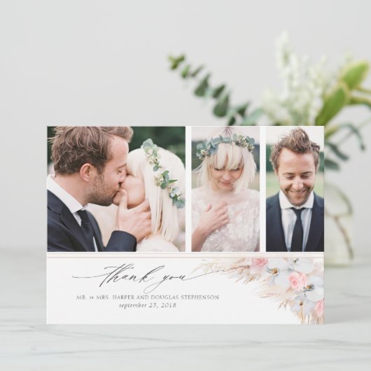 Pampas gras bloemenbruiloft dank u foto bedankkaart (Staand voorkant)