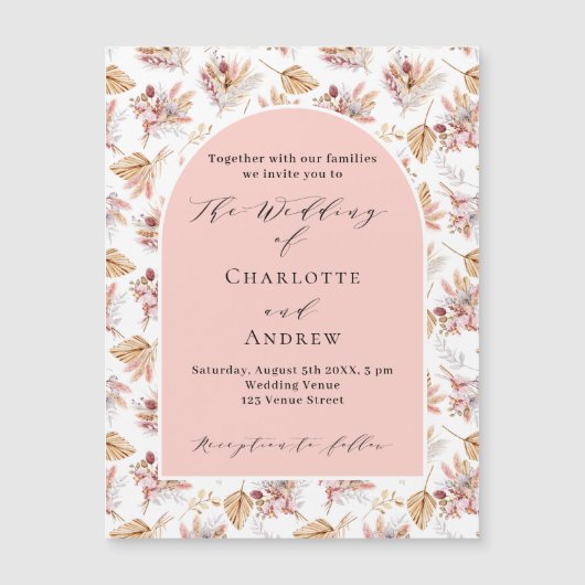 Pampas gras bloemengoud roos boho luxe bruiloft magnetische uitnodiging (Voorkant)