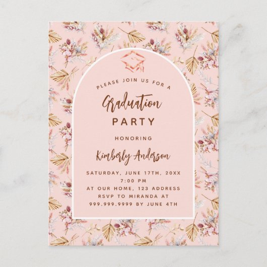 Pampas gras bloemengoud roos graduatie partij uitnodiging briefkaart (Voorkant)