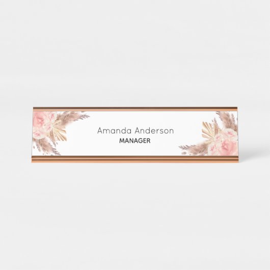 Pampas gras blozend roze bloemend monogram bureau naambordje (Voorkant)