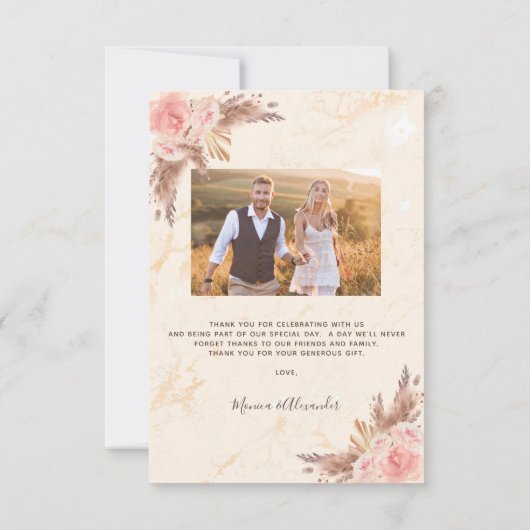 Pampas gras blush marmer photoboho bruiloft bedankkaart (Achterkant)