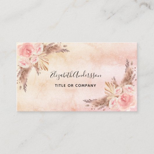 Pampas gras blush roze florals script QR code Visitekaartje (Voorkant)