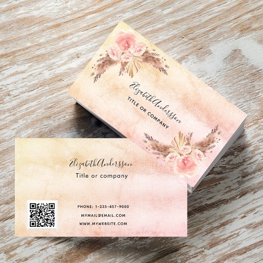Pampas gras blush roze florals script QR code Visitekaartje