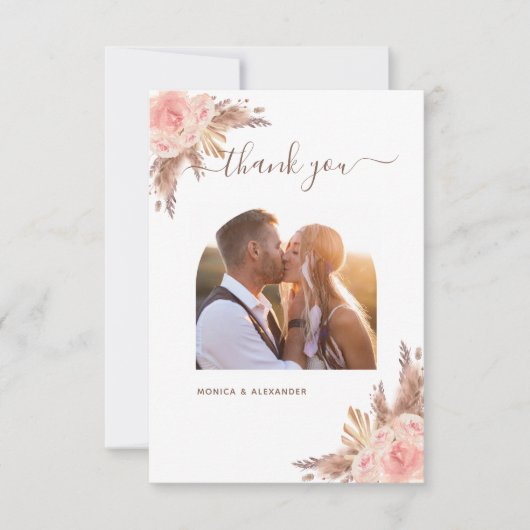 Pampas gras blush roze foto boho bruiloft bedankkaart (Voorkant)