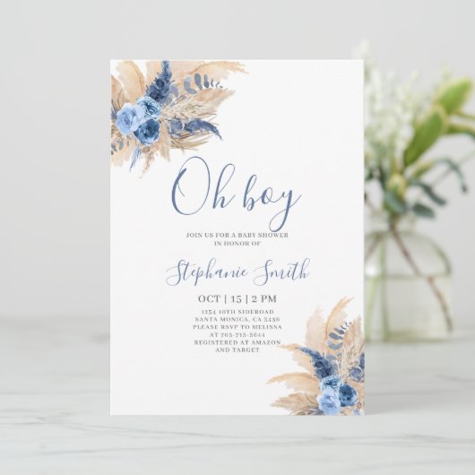 Pampas Gras Boho Baby Shower Jongens Uitnodiging (Staand voorkant)