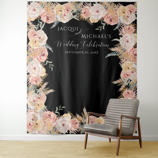 Pampas Gras Boho Bloem Roze Rozen Bruiloft Wandkleed (In situ)