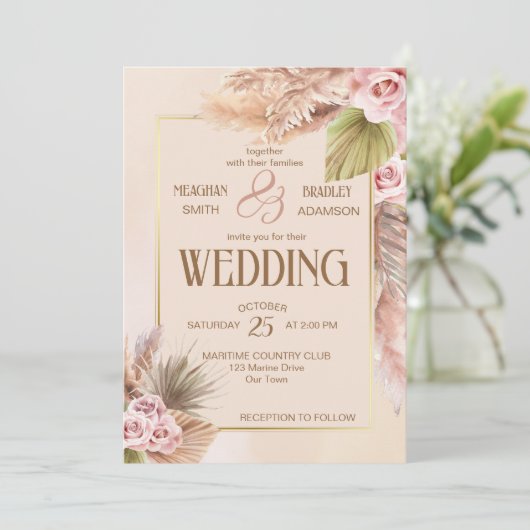 Pampas gras boho bloemen herfst bruiloft kaart (Staand voorkant)