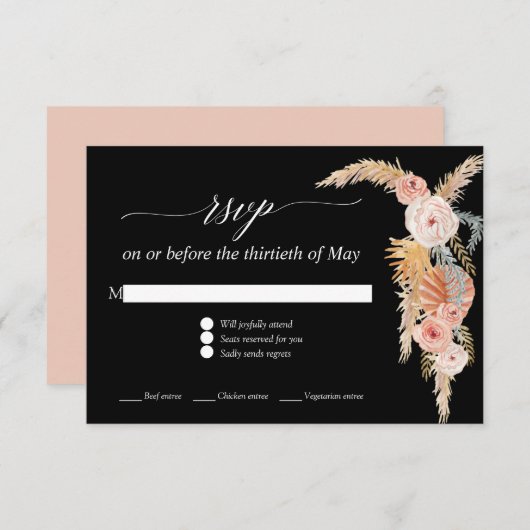 Pampas Gras Boho Blush Bloemenrozen Zwart RSVP (Voorkant / Achterkant)