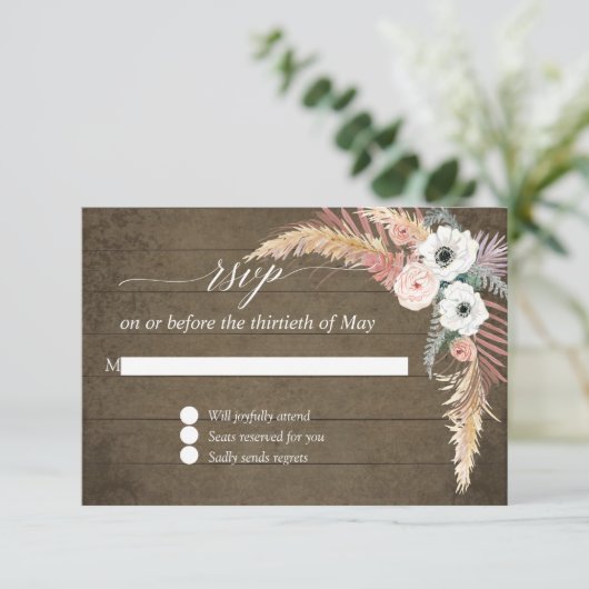 Pampas Gras Boho Blush Witte Bloem Houten RSVP (Staand voorkant)