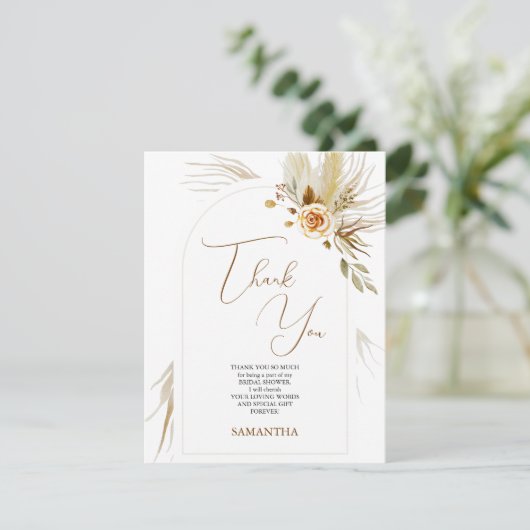 Pampas gras boho elegante bruiloftsdouche bedankkaart (Staand voorkant)