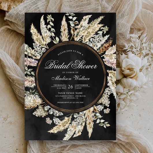 Pampas Gras Boho Krans Zwarte Bruiloftsshower Kaart