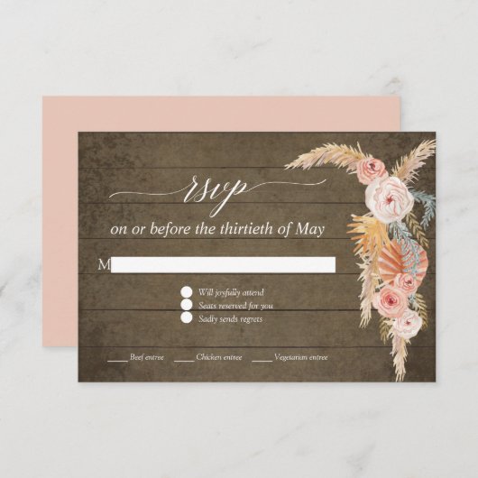 Pampas Gras Boho Roze Bloemen Rustiek Hout RSVP (Voorkant / Achterkant)
