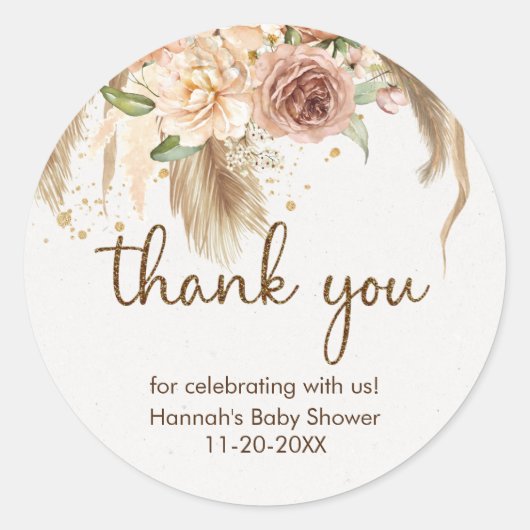Pampas gras boho rozen baby shower stickers (Voorkant)
